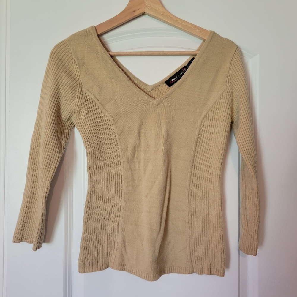 Beige V-Neck Ribbed Sweater